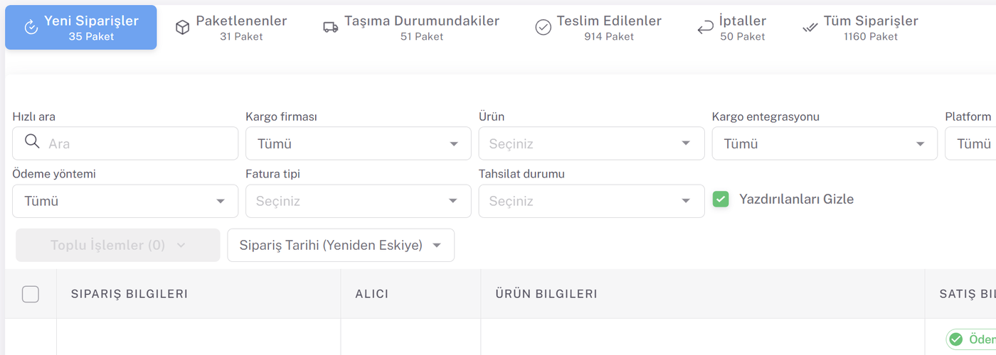 Faripa sipariş yönetimi paneli