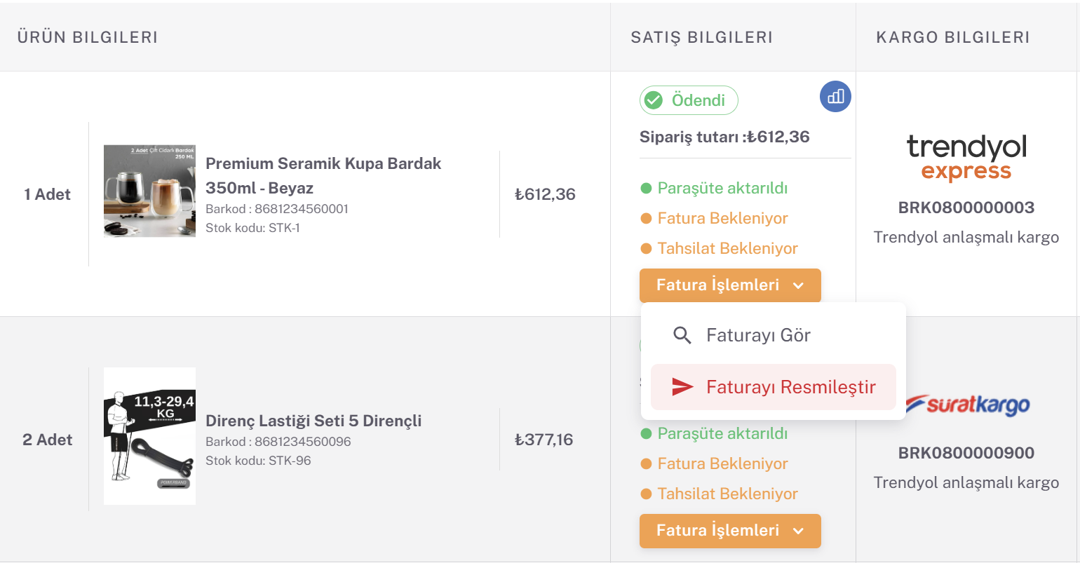 Paraşüt fatura işlemleri entegrasyonu